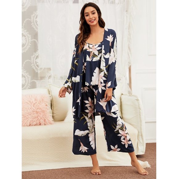 3 Piece Navy Color Floral Print Pajama Set - Picture 6 of 10